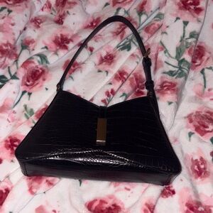 Aldo Black Croc-Embossed Leatherette Shoulder Bag with Gold Accent